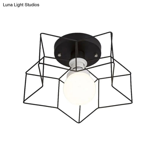 Industrial Cage Shade Ceiling Light For Bedroom - Black/White Metal Semi-Flush Mount