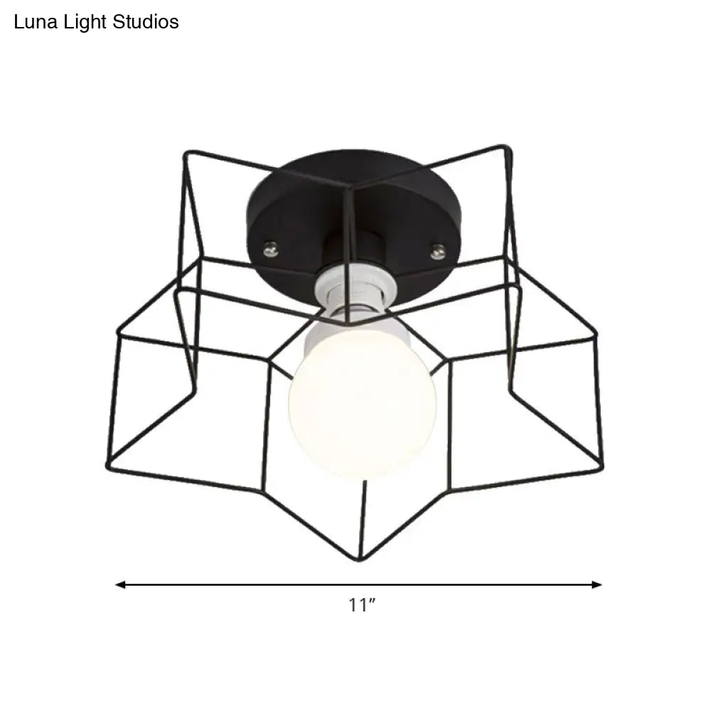 Industrial Cage Shade Ceiling Light For Bedroom - Black/White Metal Semi-Flush Mount