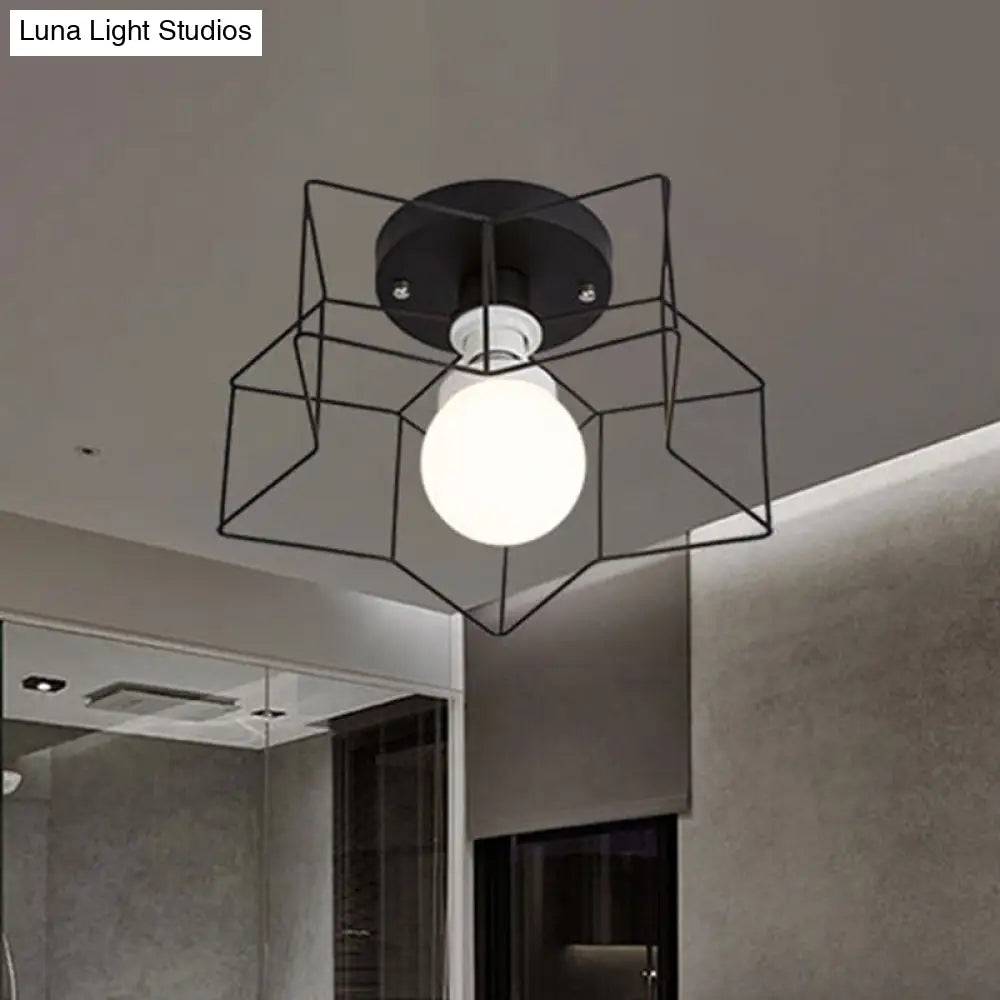 Industrial Cage Shade Ceiling Light For Bedroom - Black/White Metal Semi-Flush Mount