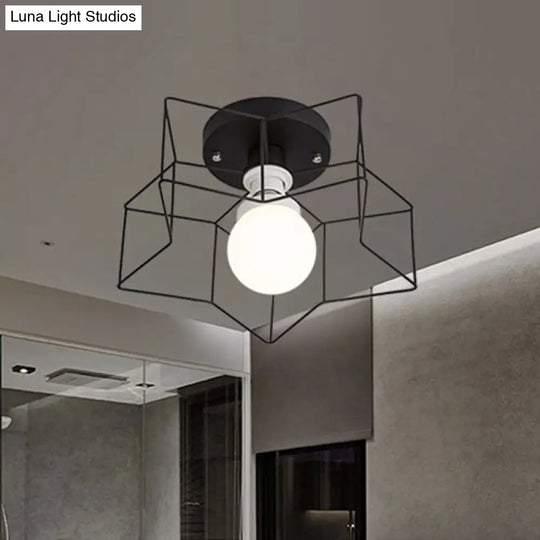 Industrial Cage Shade Ceiling Light For Bedroom - Black/White Metal Semi-Flush Mount