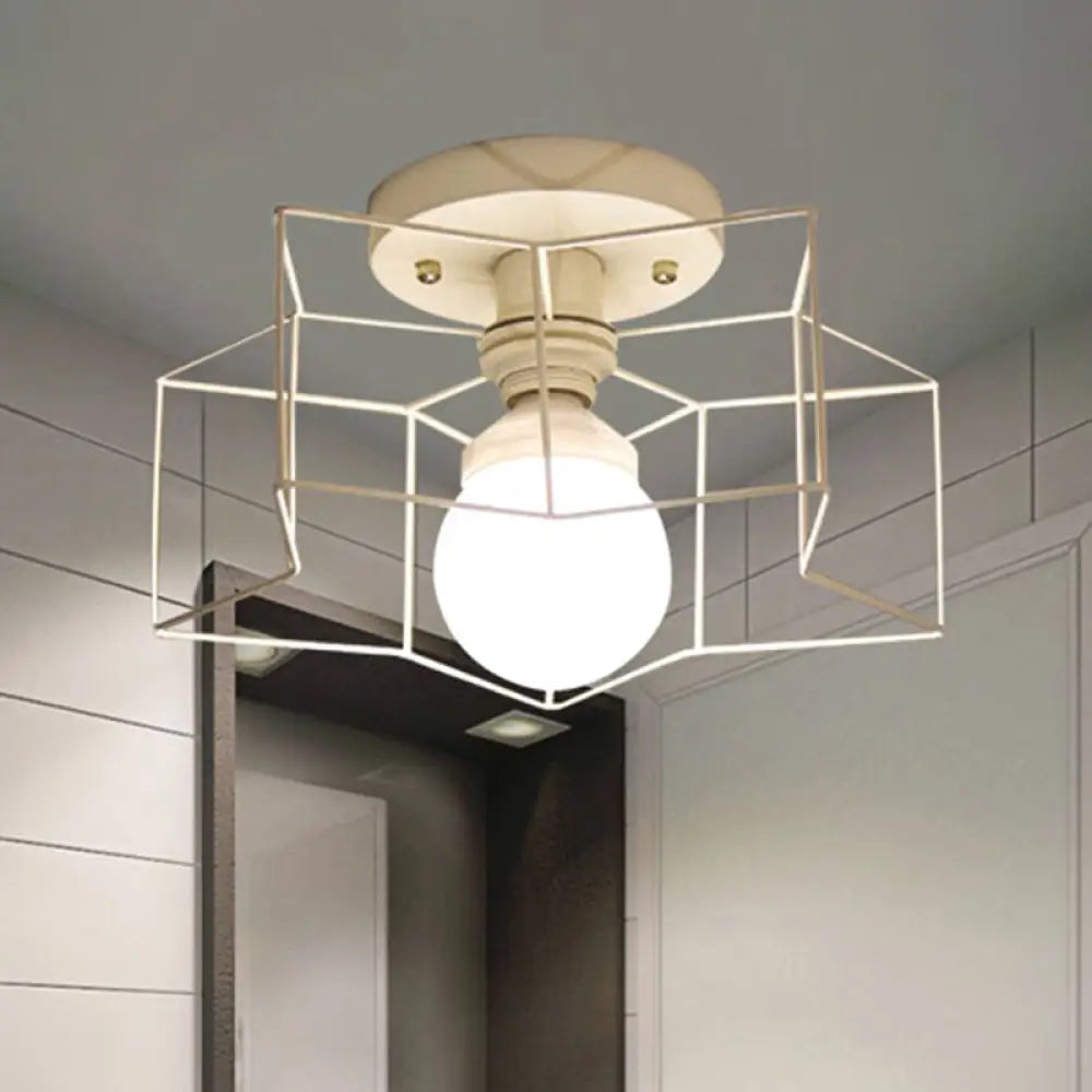 Industrial Cage Shade Ceiling Light For Bedroom - Black/White Metal Semi-Flush Mount White