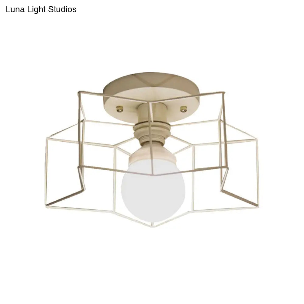 Industrial Cage Shade Ceiling Light For Bedroom - Black/White Metal Semi-Flush Mount