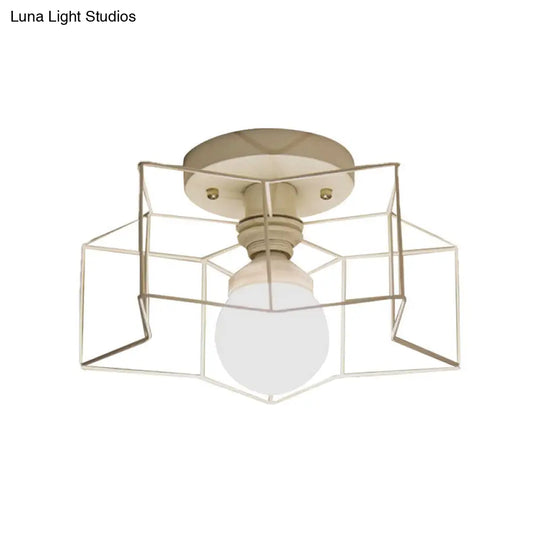Industrial Cage Shade Ceiling Light For Bedroom - Black/White Metal Semi-Flush Mount