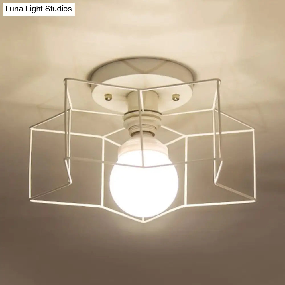 Industrial Cage Shade Ceiling Light For Bedroom - Black/White Metal Semi-Flush Mount