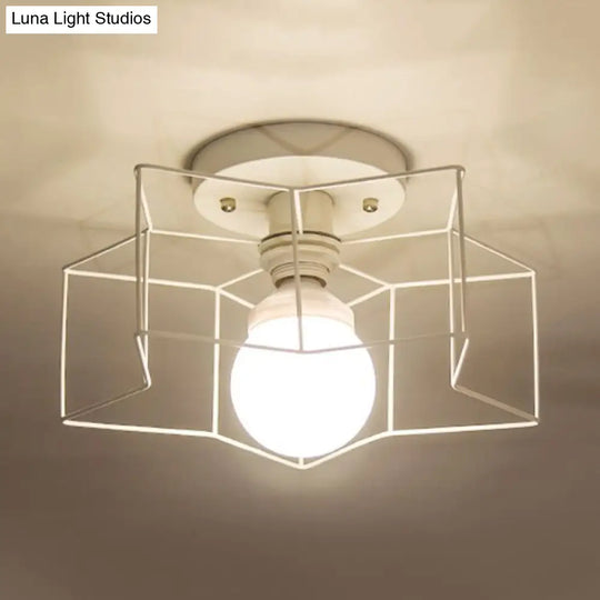Industrial Cage Shade Ceiling Light For Bedroom - Black/White Metal Semi-Flush Mount