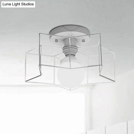 Industrial Cage Shade Ceiling Light For Bedroom - Black/White Metal Semi-Flush Mount