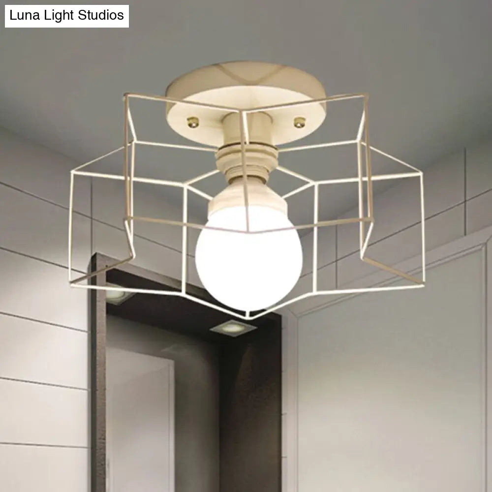 Industrial Cage Shade Ceiling Light For Bedroom - Black/White Metal Semi-Flush Mount White