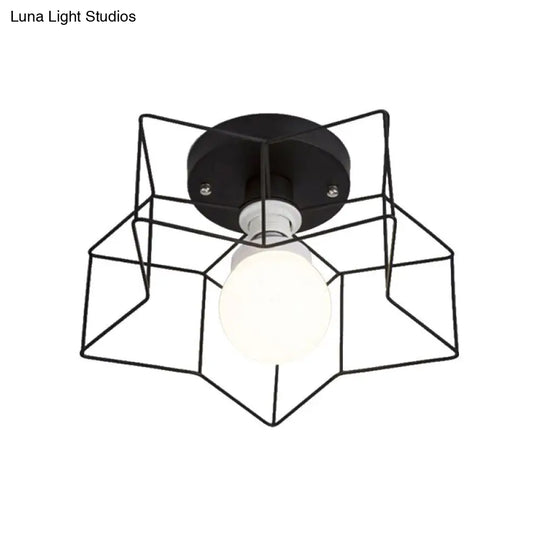 Industrial Cage Shade Ceiling Light For Bedroom - Black/White Metal Semi-Flush Mount