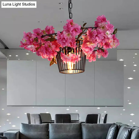 Industrial Cage Suspension Pendant Light With Cherry Blossom Design In Black - 18’/23.5’ Width