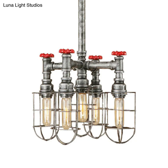 Industrial Caged Amber Glass Ceiling Chandelier - 5-Light Silver Pendant With Valve
