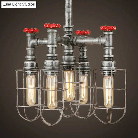 Industrial Caged Amber Glass Ceiling Chandelier - 5-Light Silver Pendant With Valve