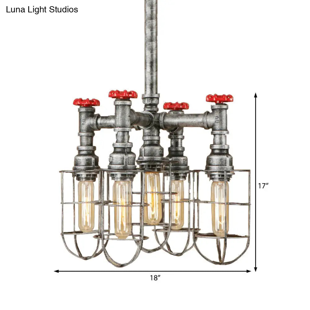 Industrial Caged Amber Glass Hanging Chandelier With Silver Valve - 5-Lights Ceiling Light Fixture