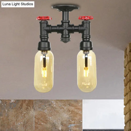 Industrial Capsule Amber Glass Semi Flush Mount Light - Matte Black With Pipe Design