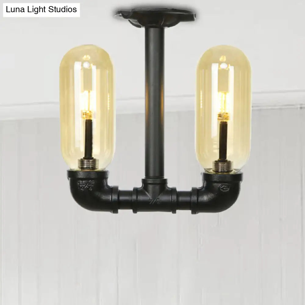 Industrial Capsule Amber Glass Semi Flush Mount Light - Matte Black With Pipe Design