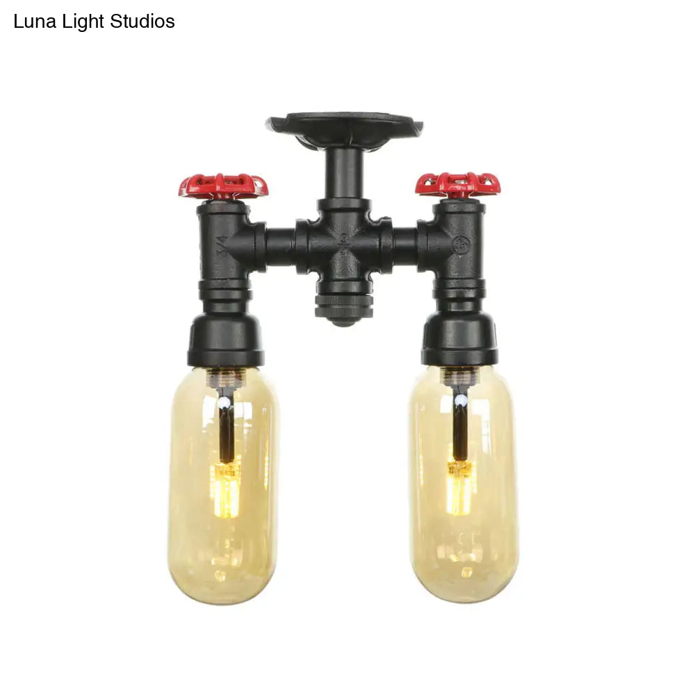 Industrial Capsule Amber Glass Semi Flush Mount Light - Matte Black With Pipe Design