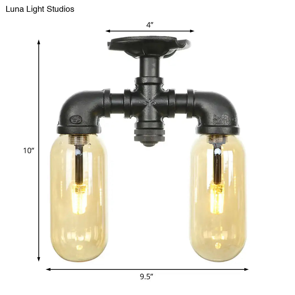 Industrial Capsule Amber Glass Semi Flush Mount Light - Matte Black With Pipe Design