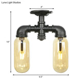 Industrial Capsule Amber Glass Semi Flush Mount Light - Matte Black With Pipe Design