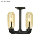 Industrial Capsule Amber Glass Semi Flush Mount Light - Matte Black With Pipe Design
