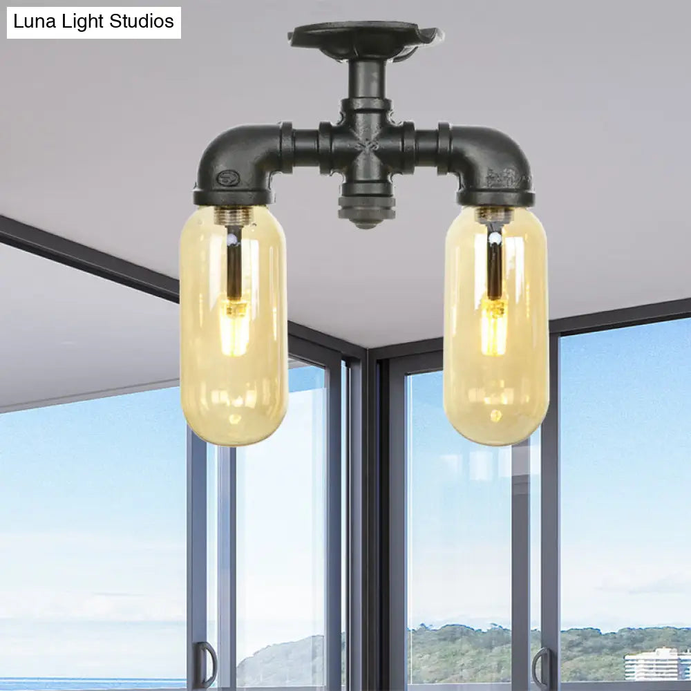 Industrial Capsule Amber Glass Semi Flush Mount Light - Matte Black With Pipe Design