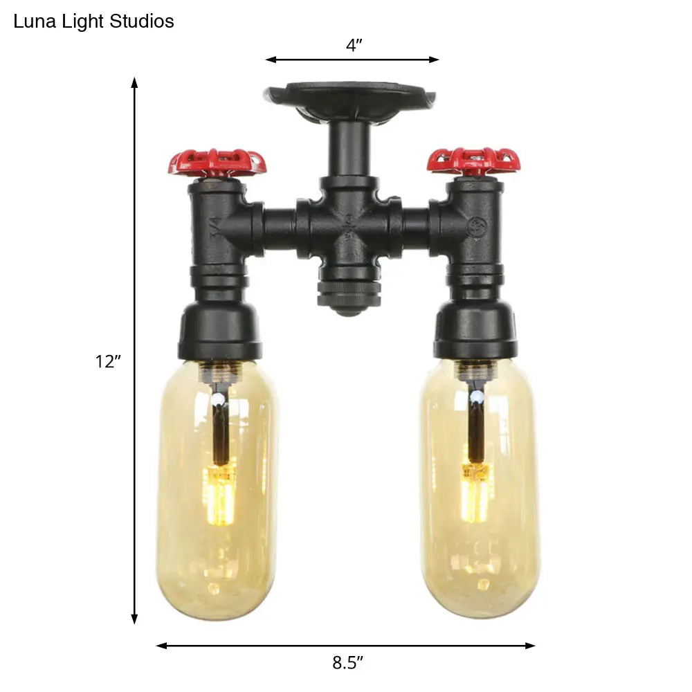 Industrial Capsule Amber Glass Semi Flush Mount Light - Matte Black With Pipe Design