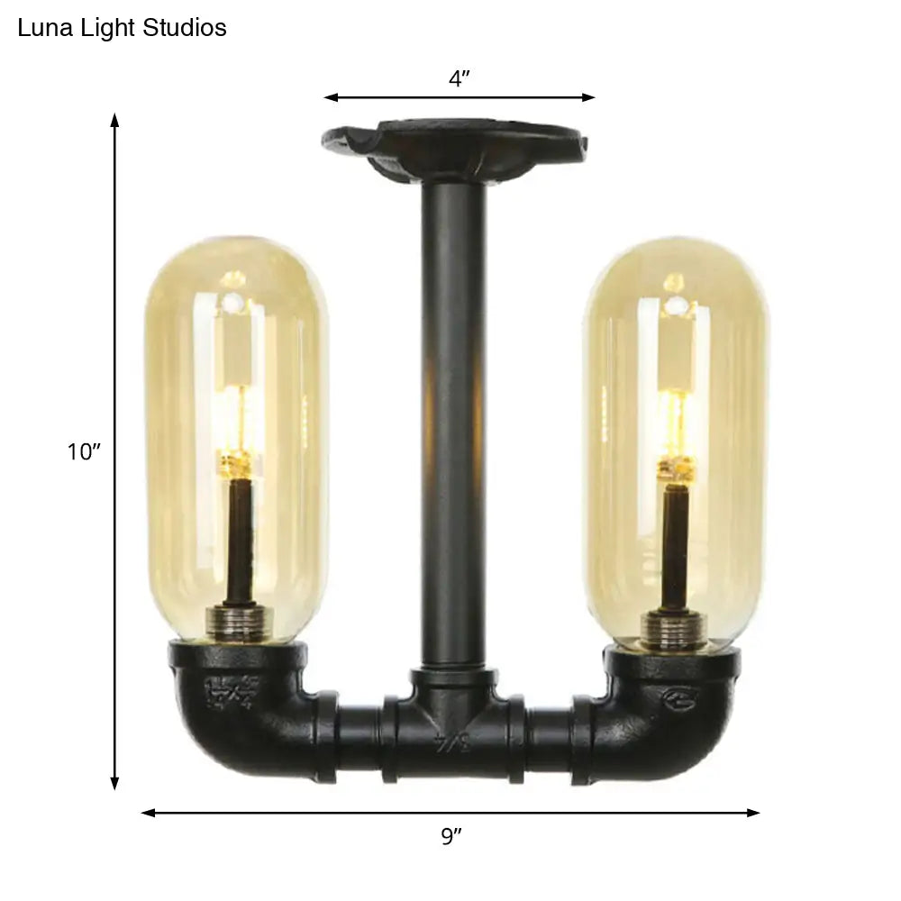 Industrial Capsule Amber Glass Semi Flush Mount Light - Matte Black With Pipe Design