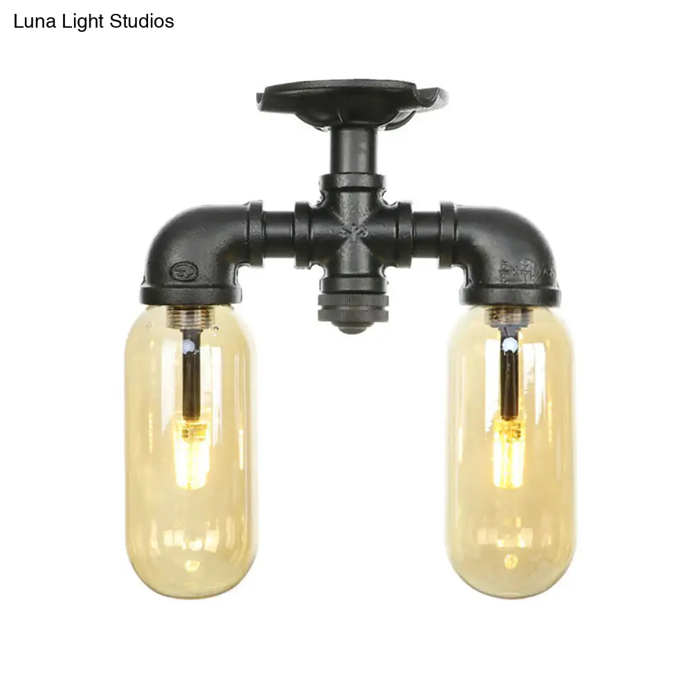 Industrial Capsule Amber Glass Semi Flush Mount Light - Matte Black With Pipe Design