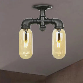 Industrial Capsule Amber Glass Semi Flush Mount Light - Matte Black With Pipe Design / A