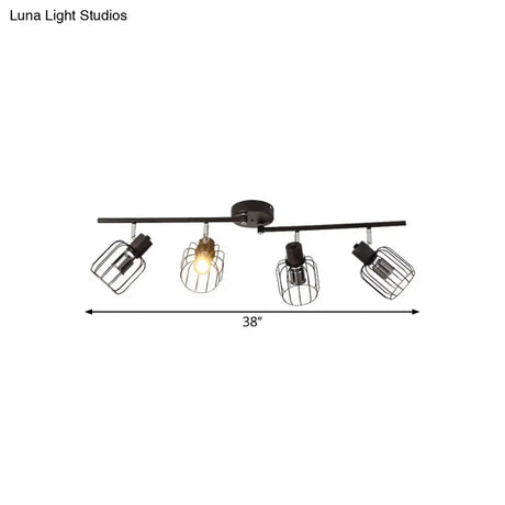 Industrial Ceiling Light With Mini Drum Cage Shade For Coffee Shop - 4 Lights Semi - Flush Iron