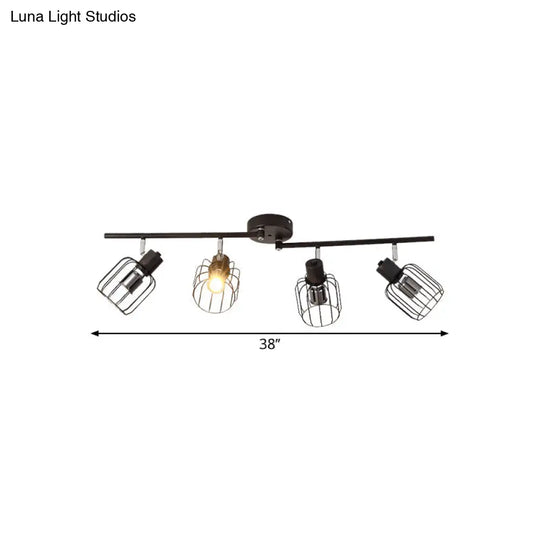 Industrial Ceiling Light With Mini Drum Cage Shade For Coffee Shop - 4 Lights Semi - Flush Iron