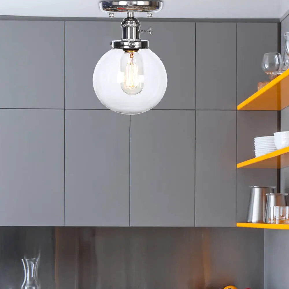 Industrial Chrome Ceiling Mount Light With Clear/Amber Glass Globe For Dining Room Clear /