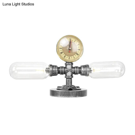 Industrial Clear/Amber Glass 2-Light Sconce Lamp With Base - Tube Shade Living Room Task Lighting In