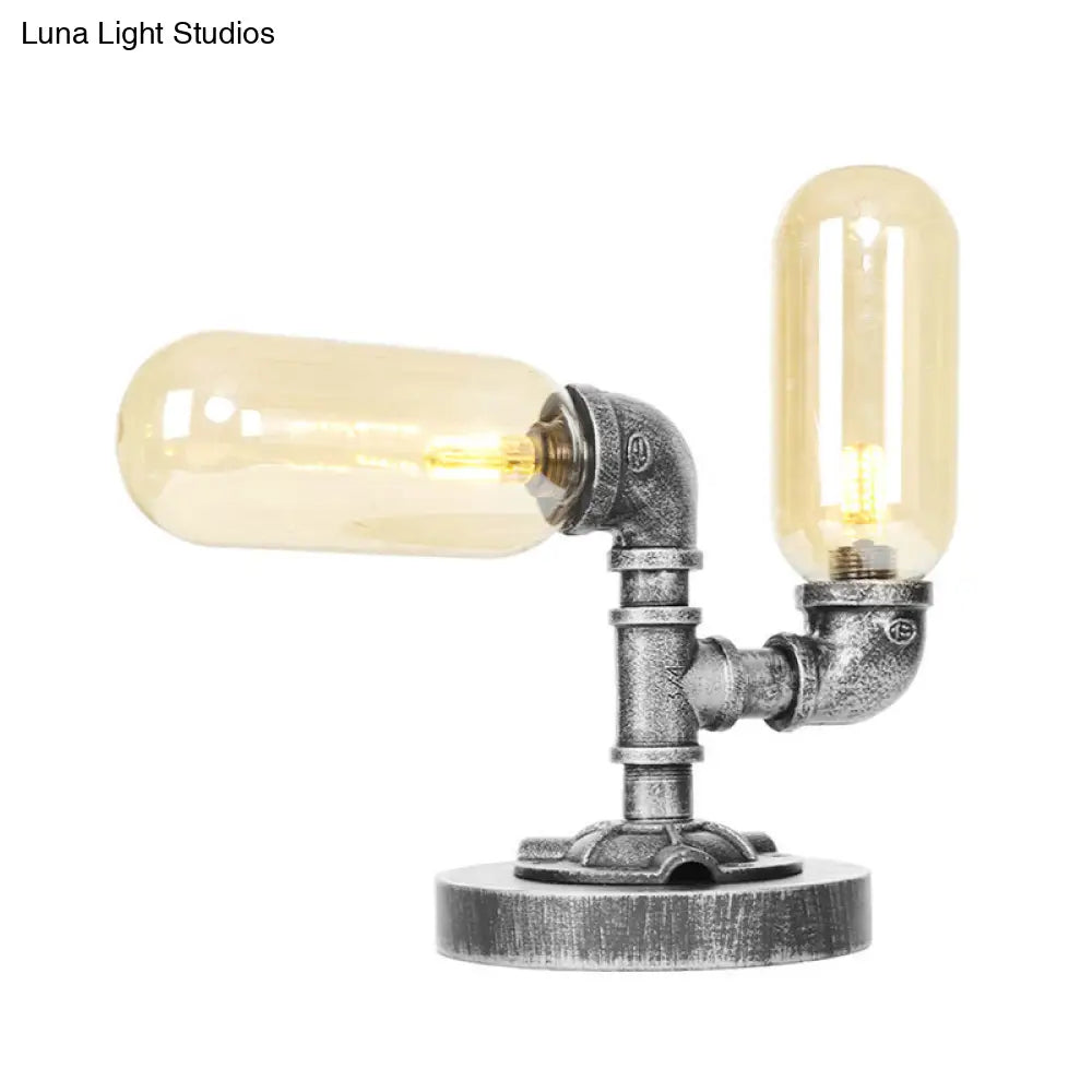 Industrial Clear/Amber Glass 2-Light Sconce Lamp With Base - Tube Shade Living Room Task Lighting In