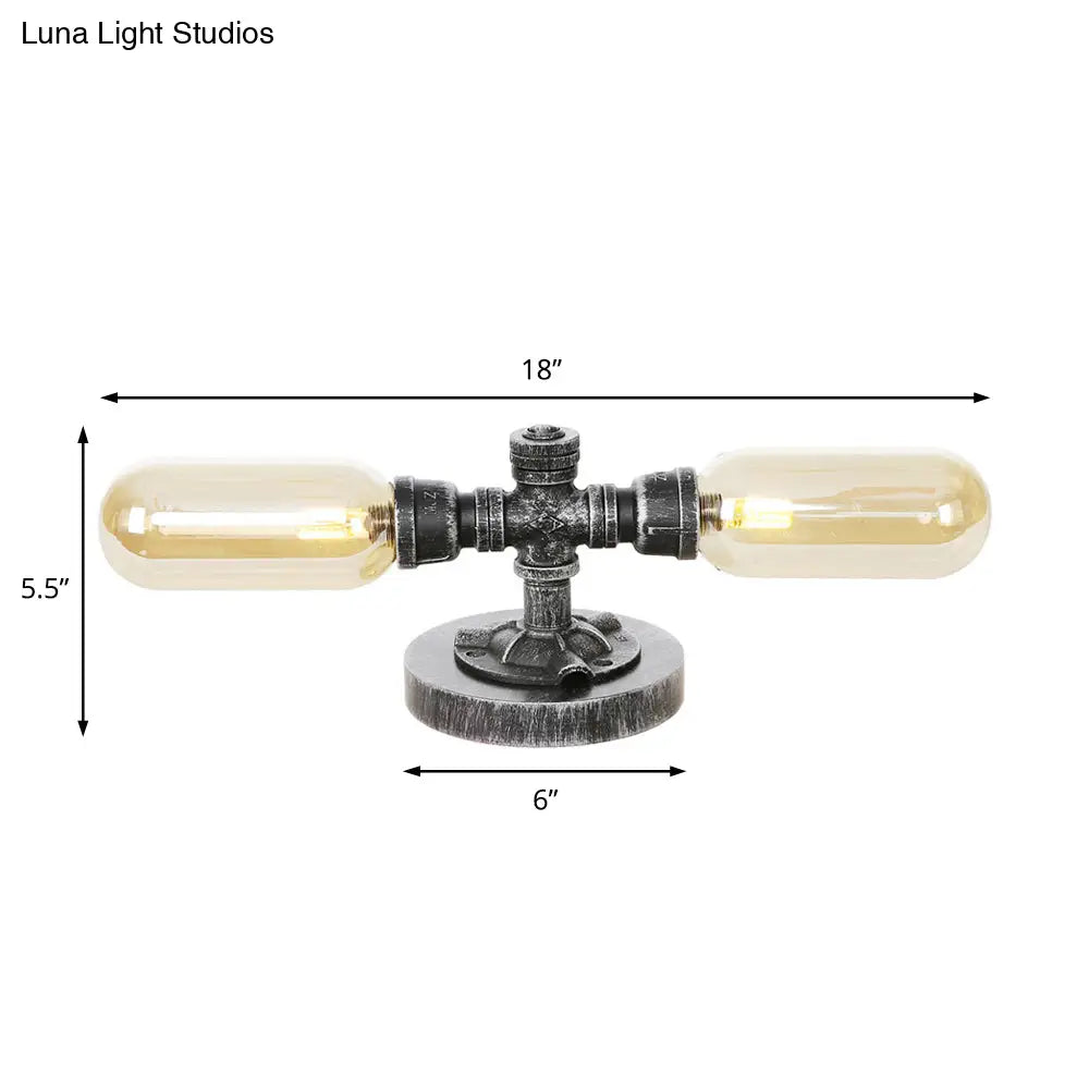 Industrial Clear/Amber Glass 2-Light Sconce Lamp With Base - Tube Shade Living Room Task Lighting In