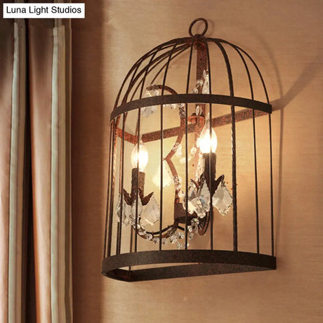 Industrial Clear Crystal Glass Wall Sconce - Rust Lighting Fixture With 2 Heads For Birdcage Living