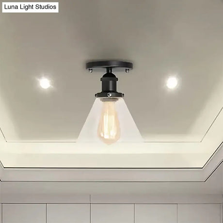 Industrial Clear Glass Ceiling Light In Black/Brass/Copper - Single Bulb Semi Flush Mount