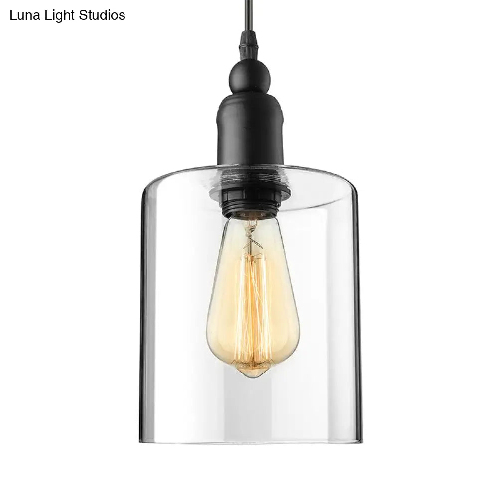 Industrial Clear Glass Ceiling Light Pendant - Black Cylinder Design For Coffee Shops
