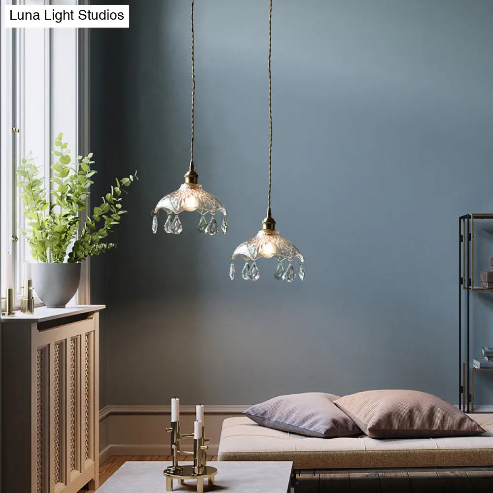 Industrial Clear Glass Ceiling Light - Single Pendant With Crystal Draping For Dining Room