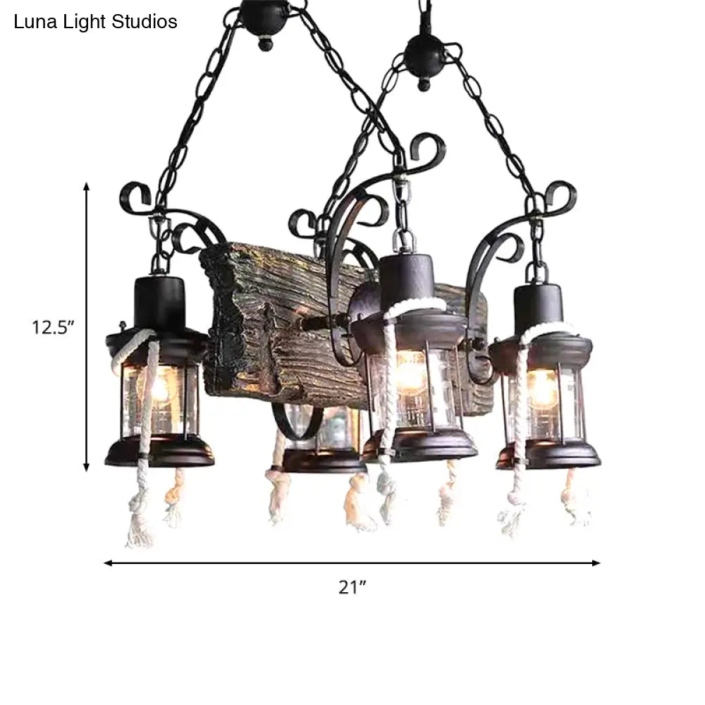 Industrial Lantern Chandelier Pendant Light With Clear Glass And Wood Finish - 4/6 Heads For