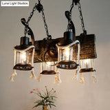 Industrial Clear Glass Chandelier With Wood Accents For Restaurant Ceiling - 4/6 Heads Lantern