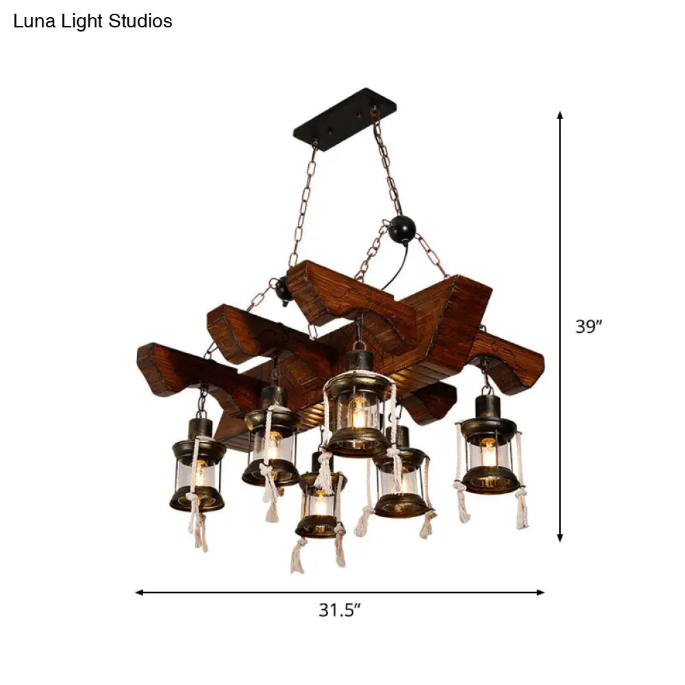 Industrial Clear Glass Chandelier With Wood Accents For Restaurant Ceiling - 4/6 Heads Lantern