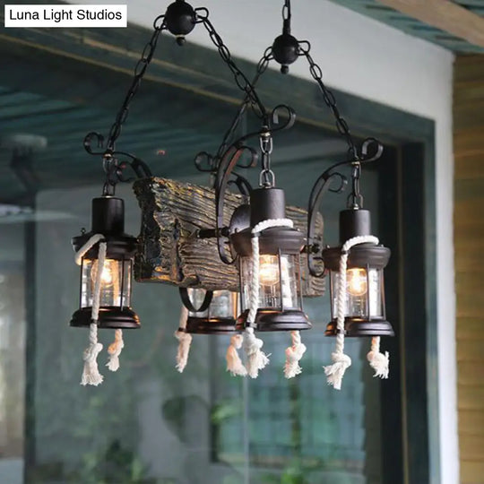 Industrial Lantern Chandelier Pendant Light With Clear Glass And Wood Finish - 4/6 Heads For