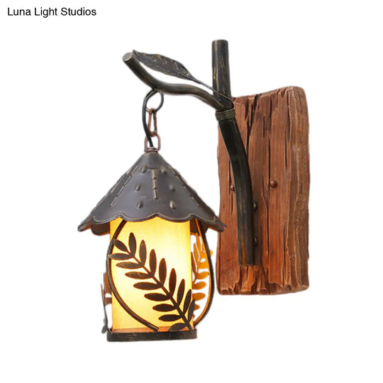 Industrial Clear Glass/Fabric Black Sconce Light With 1-Light Cylinder Leaf And Wood Backplate