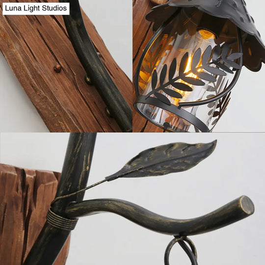 Industrial Clear Glass/Fabric Black Sconce Light With 1-Light Cylinder Leaf And Wood Backplate
