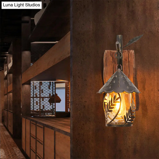 Industrial Clear Glass/Fabric Black Sconce Light With 1-Light Cylinder Leaf And Wood Backplate