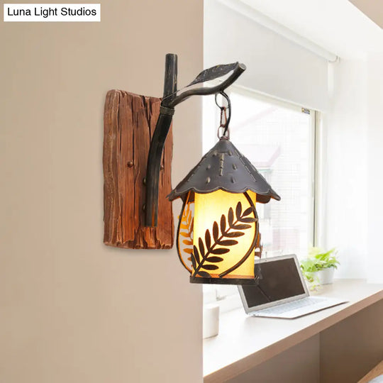 Industrial Clear Glass/Fabric Black Sconce Light With 1-Light Cylinder Leaf And Wood Backplate