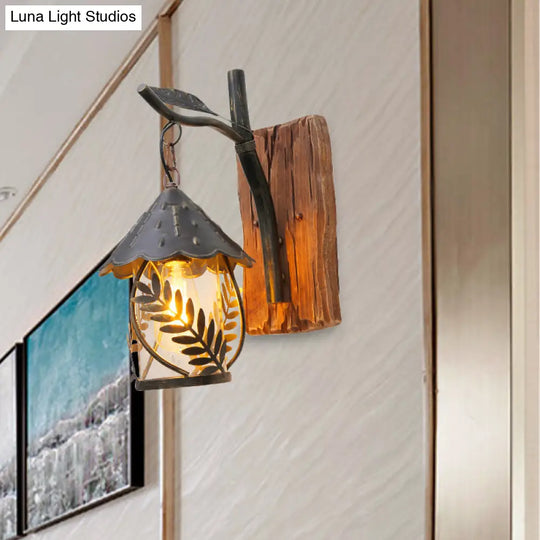 Industrial Clear Glass/Fabric Black Sconce Light With 1-Light Cylinder Leaf And Wood Backplate