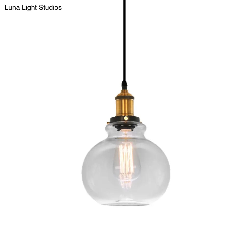 Industrial 1-Light Clear Glass Globe Pendant Light: 7.5 Width Brass Finish