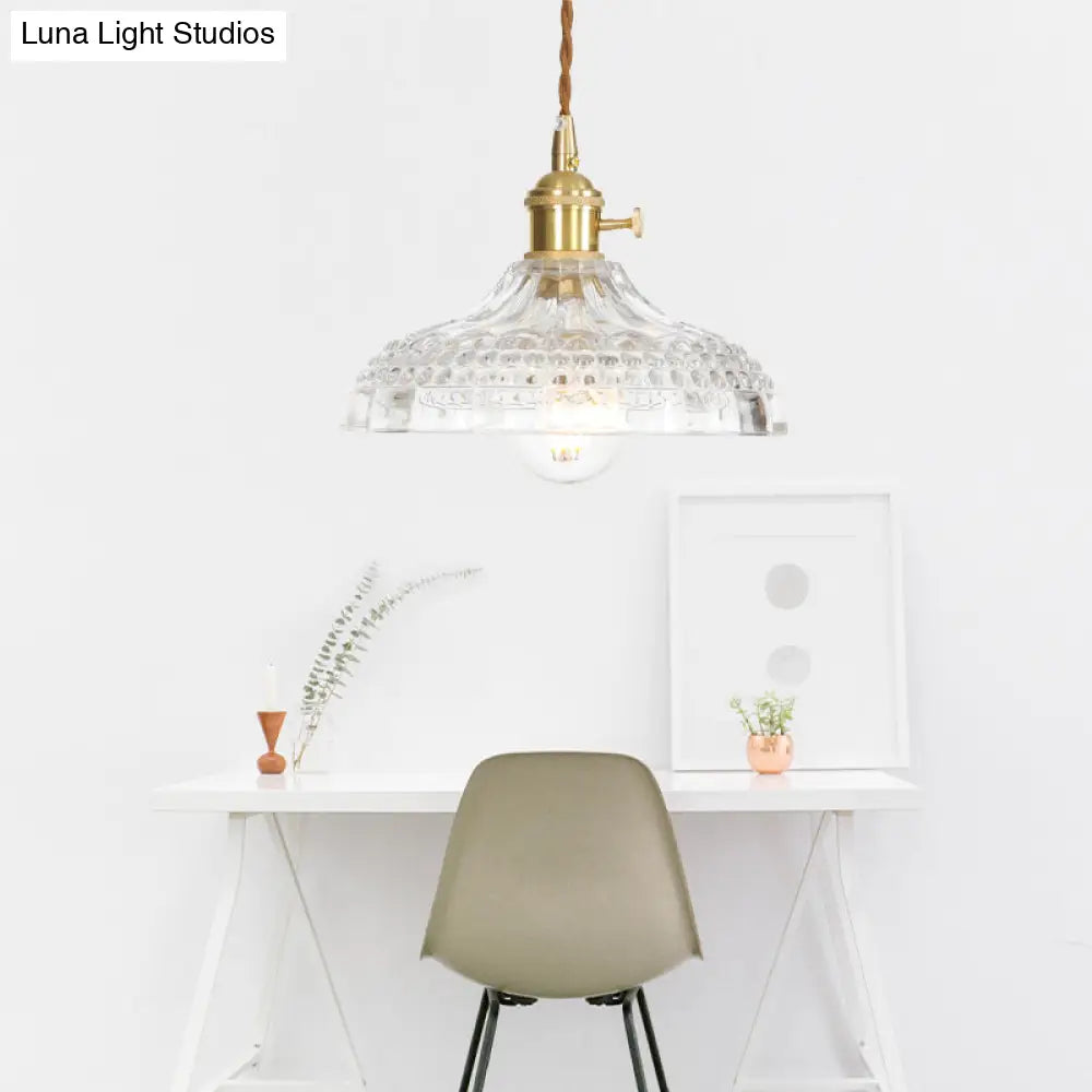 Industrial Clear Glass Saucer/Dome/Prismatic Brass Ceiling Pendant Light For Living Room / Ribbed
