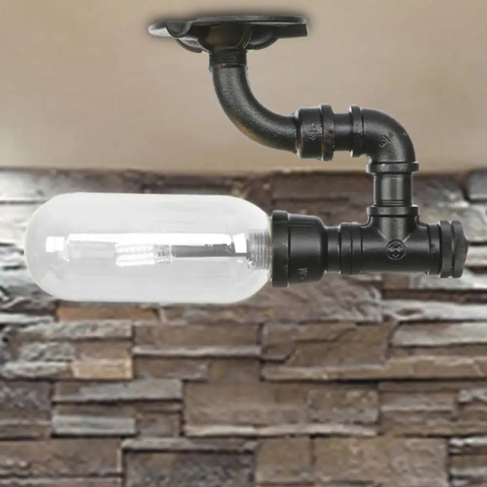 Industrial Clear Glass Semi - Flush Ceiling Light With Pipe Design Black / D