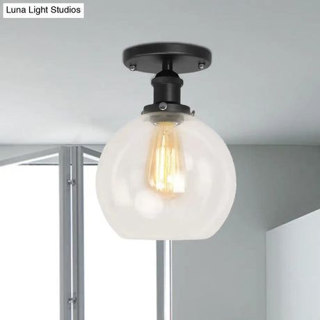 Industrial Clear Glass Spherical Balcony Ceiling Light Fixture – Black/Brass/Copper